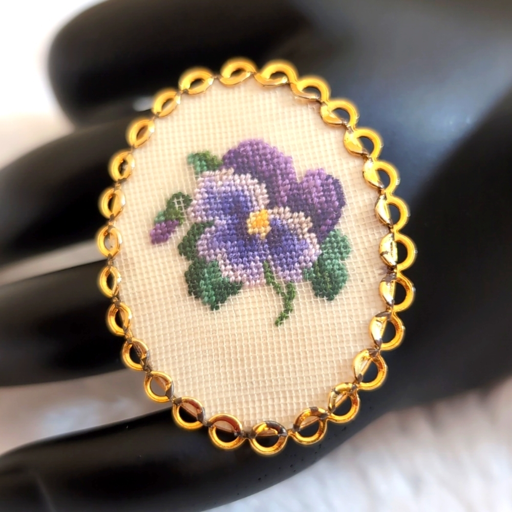 Vintage Purple Pansey Petit Point Brooch with Gold Toned Edging Plastic Overlay